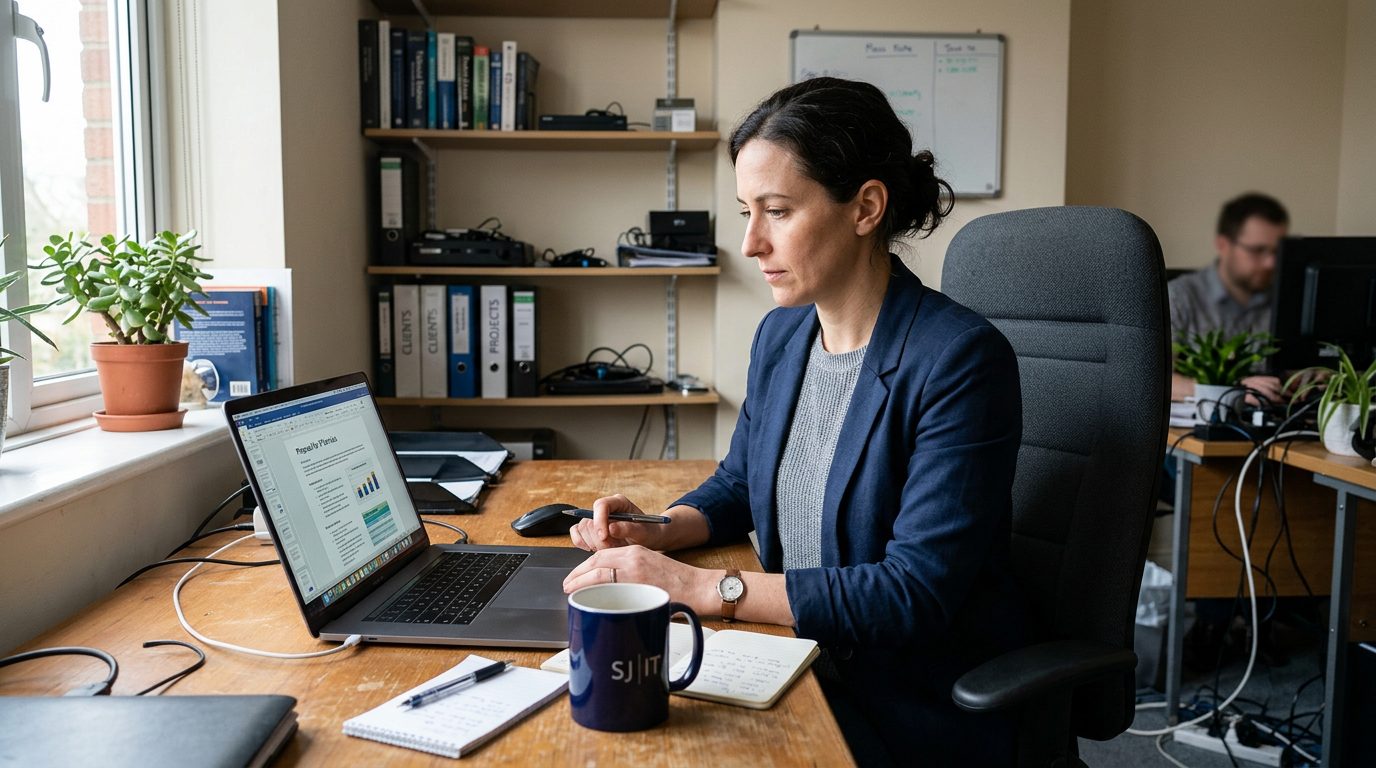 IT services professional reviewing an AI-drafted tender proposal on a laptop in an office